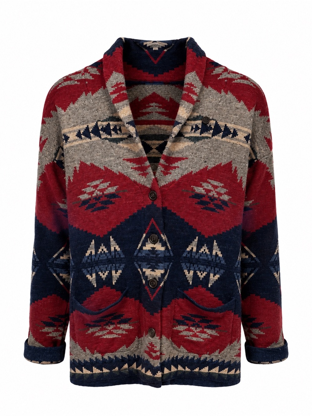 Polo Ralph Lauren Shawl Collar Aztec Knit Sweater Cardigan - Red/Navy/Gray